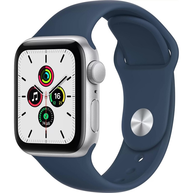 Часы Apple Watch SE GPS 44mm Aluminum Case with Sport Band (Серебристые/Ремешок синий силикон)